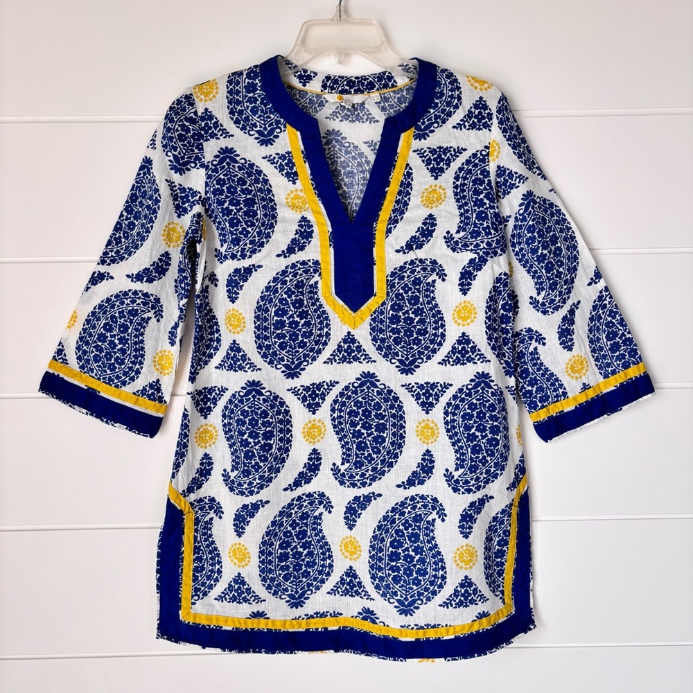Boden Cleo Women's Linen Blue and Yellow Paisley Patterned Tunic Top Size 6